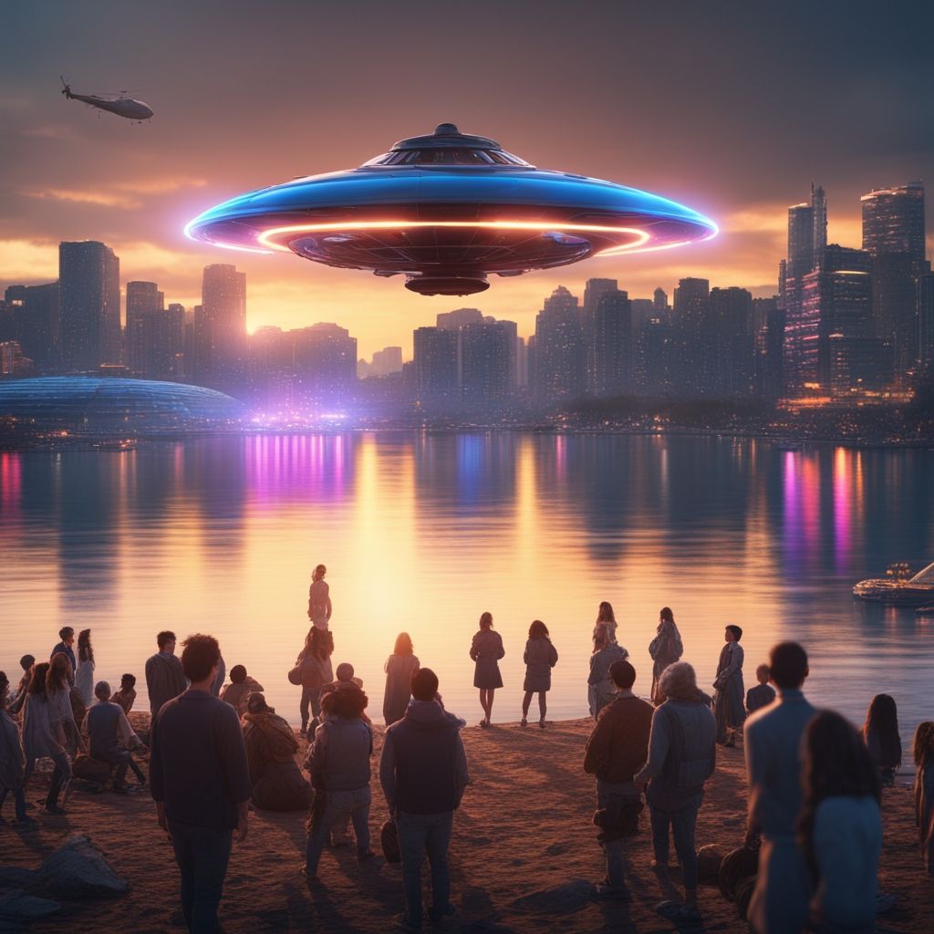 UFO hovering above a lake with people watching from a beach by sunset